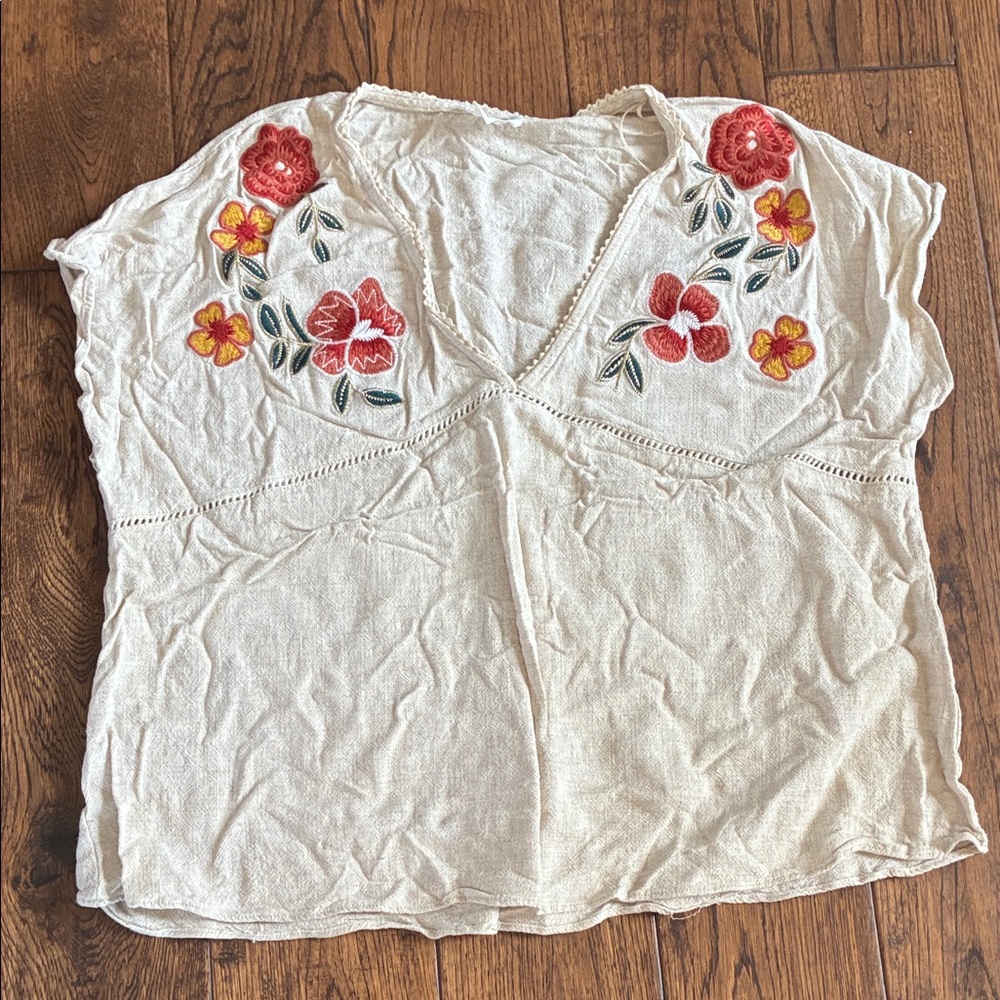 Glam Cream Blouse with Red Floral Embroidery
